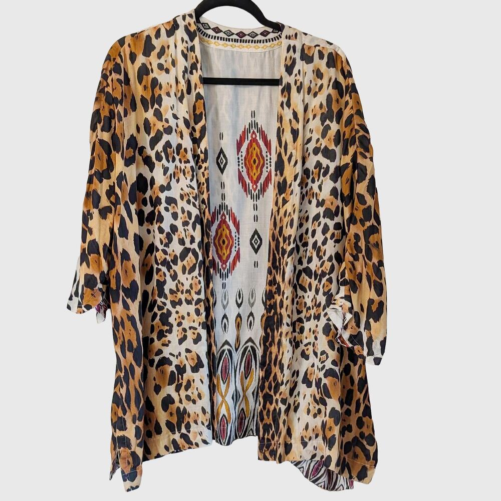 Chico's Reversible Leopard Tribal Kimono Open Front Embroidered One Size Boho - Picture 2 of 6